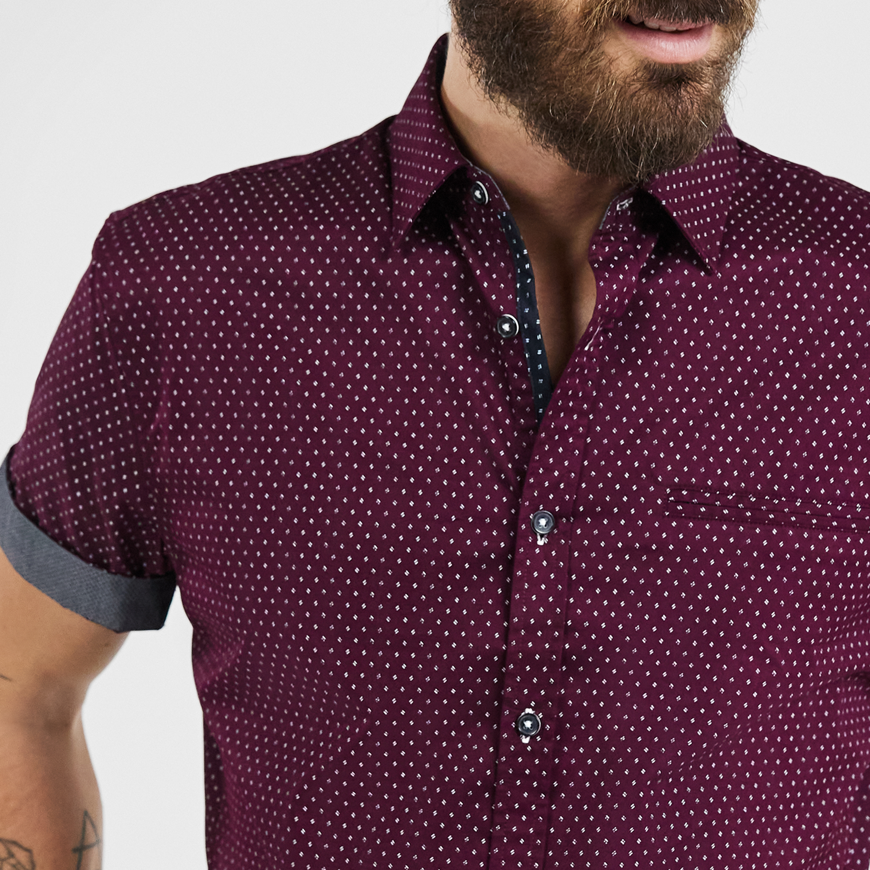 burgundy polka dot shirt