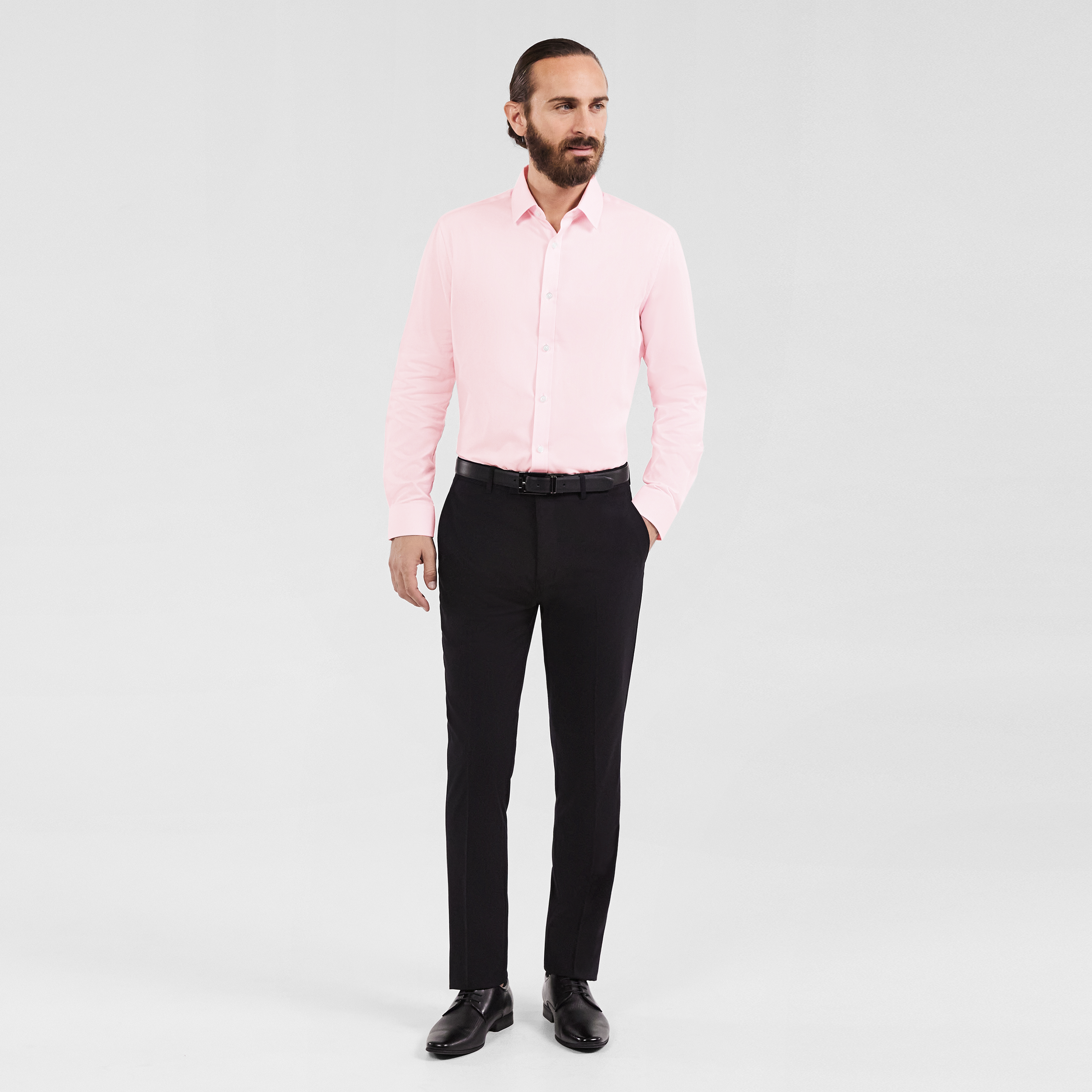 pink dress shirt black pants