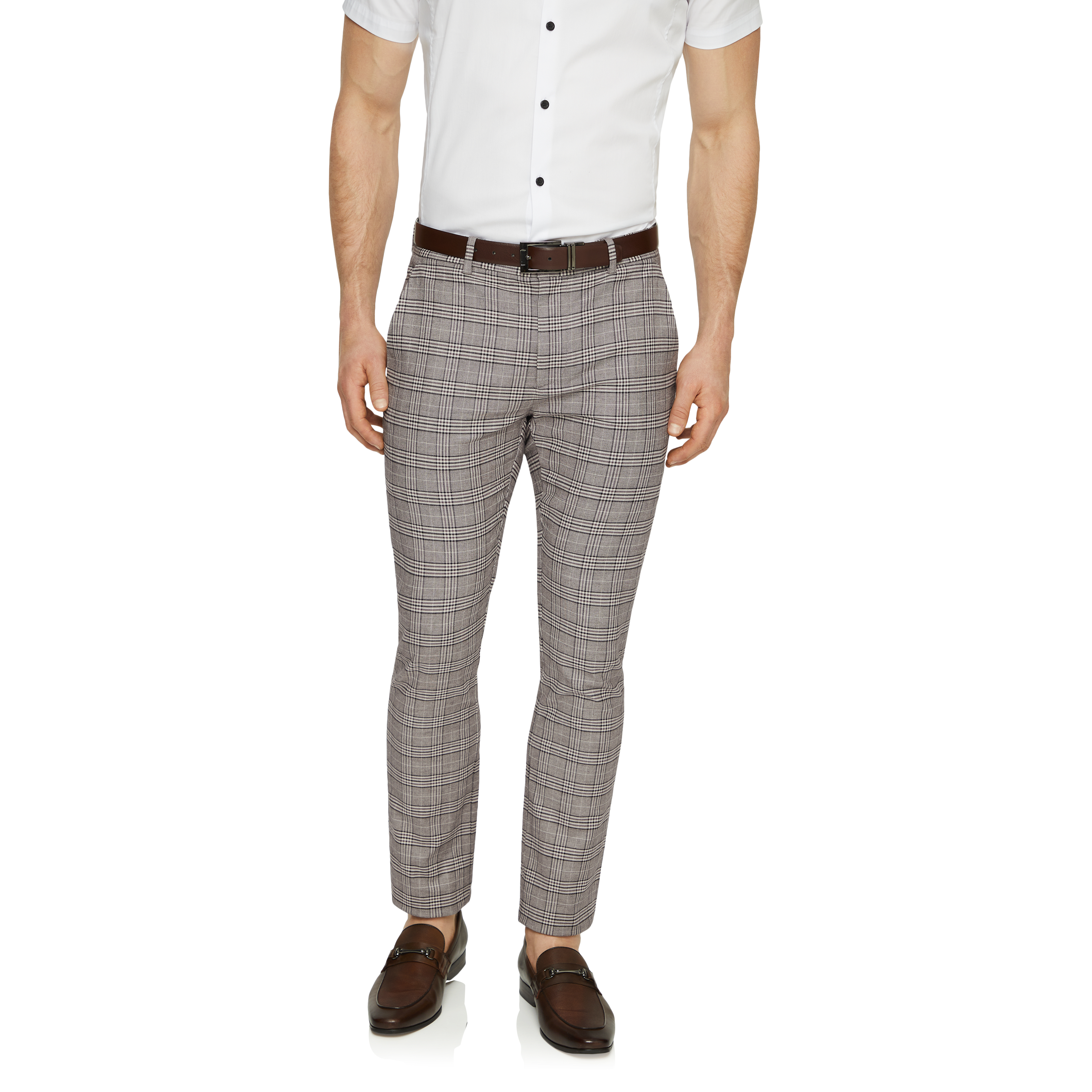 blue chex pant and white shirt