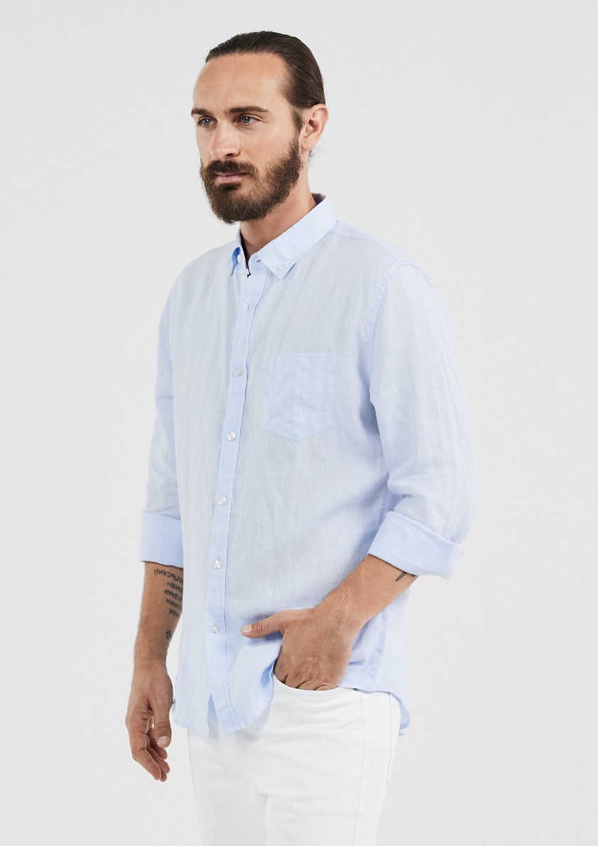 Ice Blue Casual Cotton Linen Shirt By Nologo, NLFFHS-138N