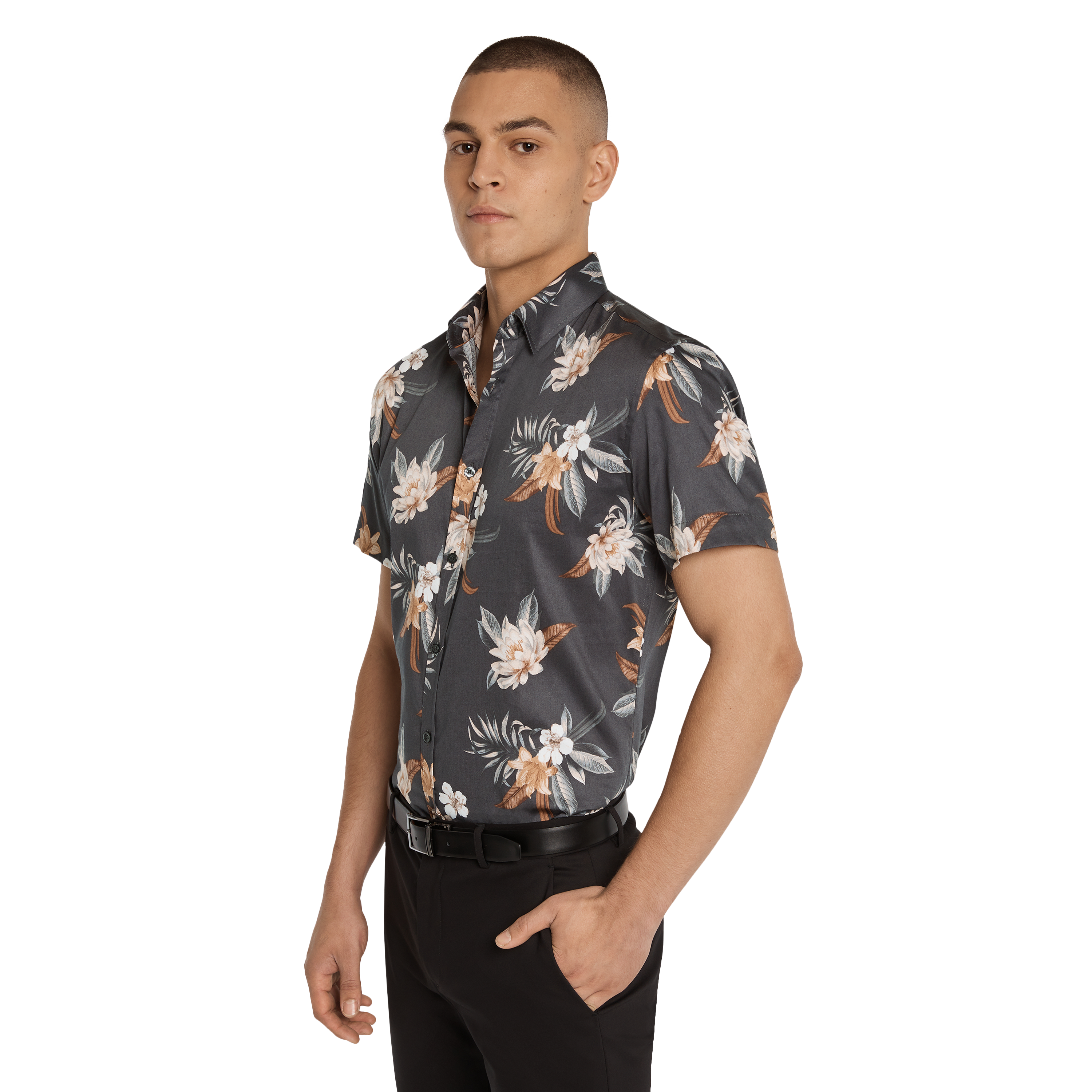Charcoal Roma Stretch Floral Shirt 