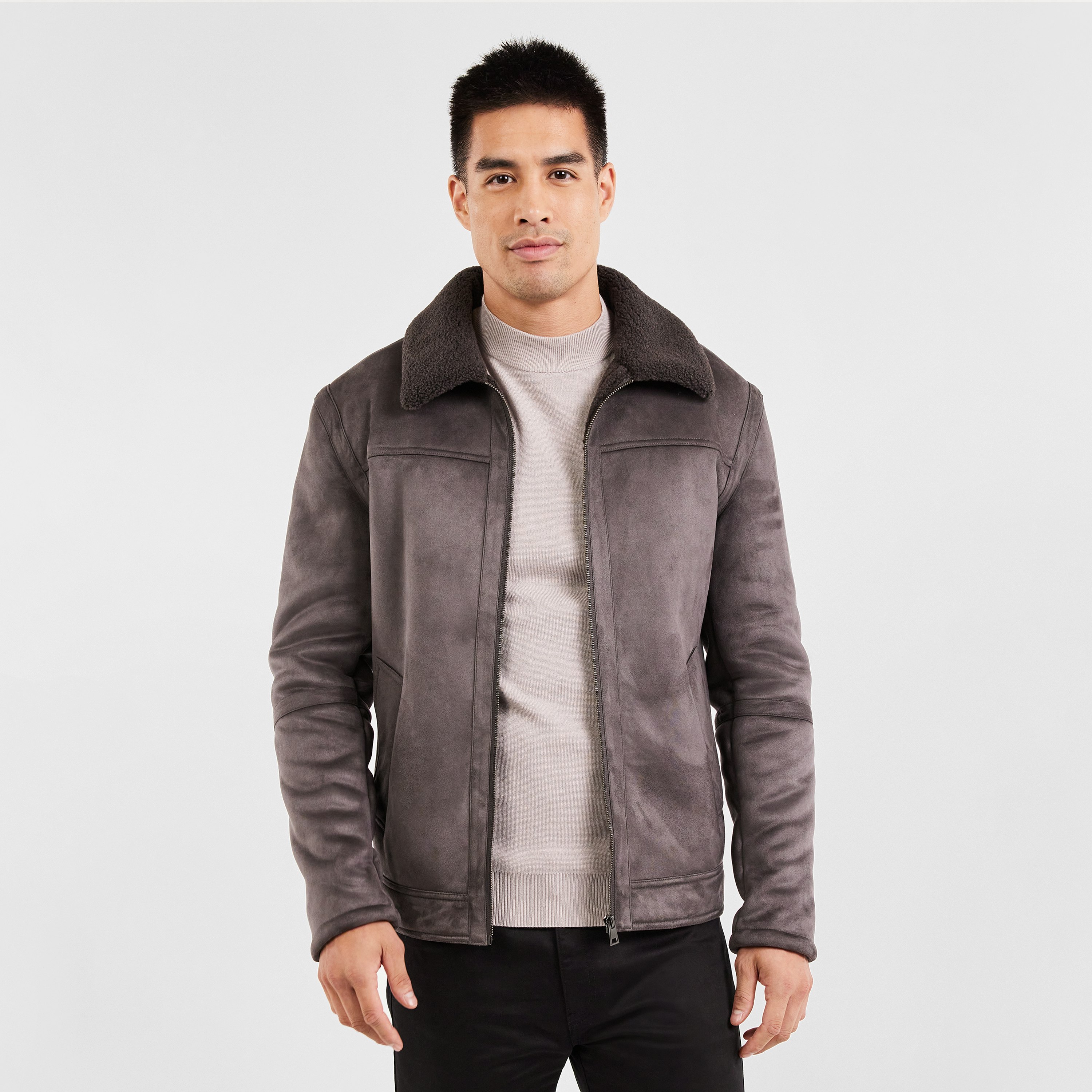 Dark Grey Quartz Shearling Biker Jacket | Men's Tops | Tarocash NZ