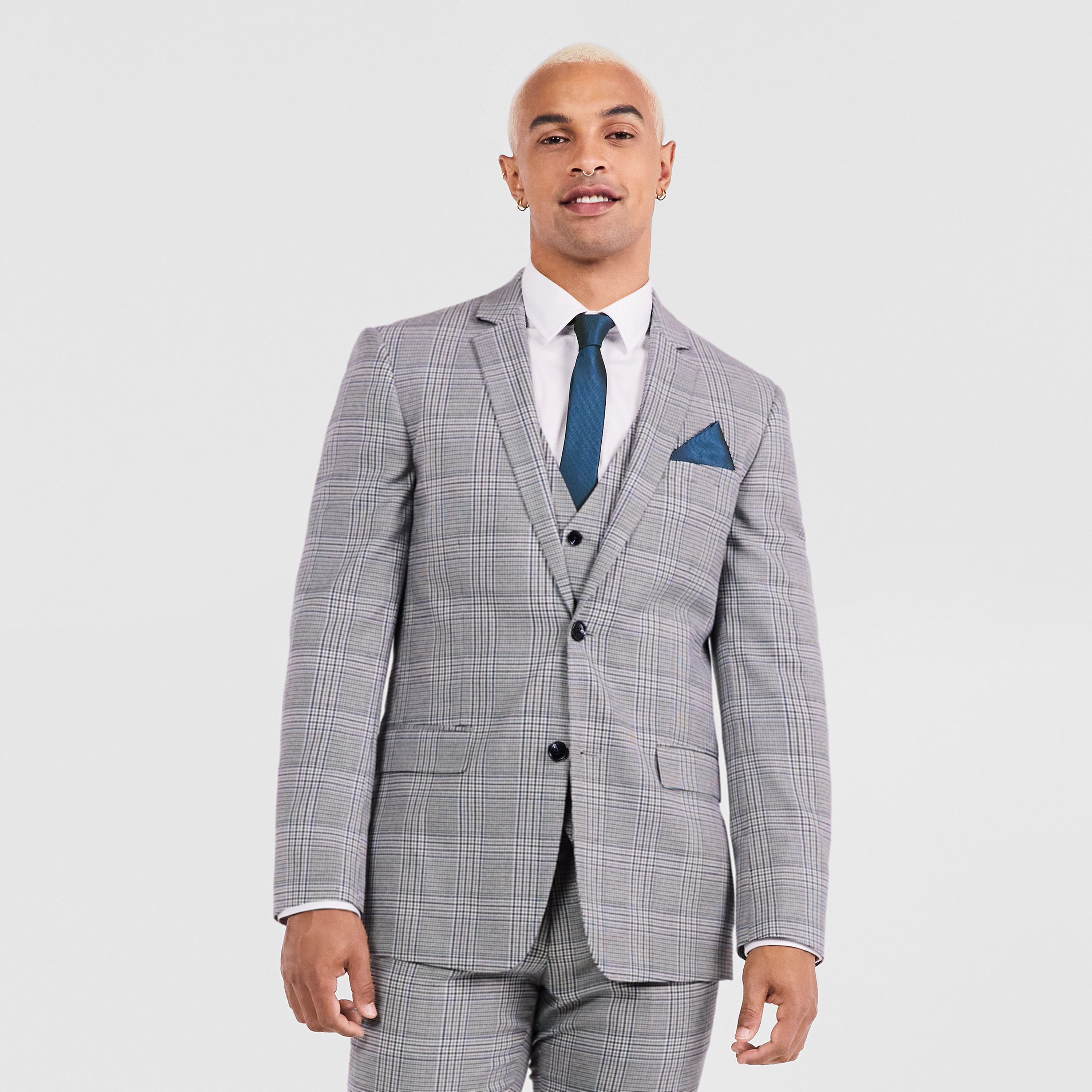 blue grey check suit