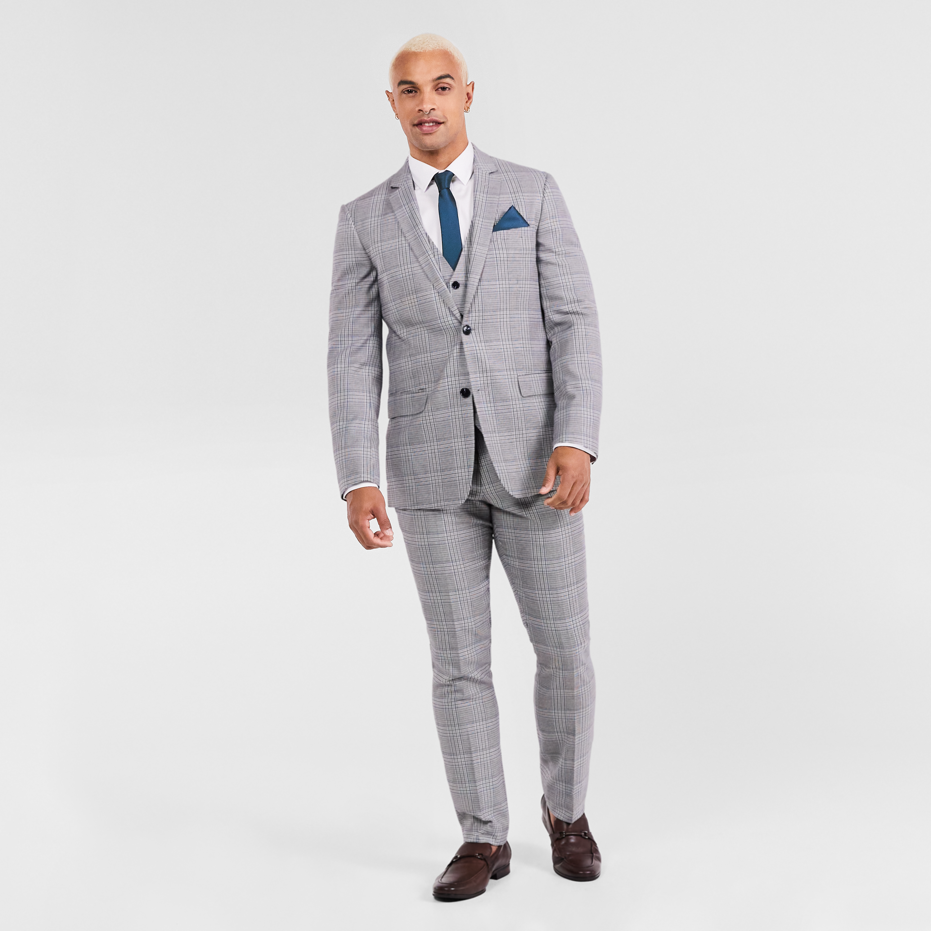 Mid Grey Duval Slim Check Suit Jacket 