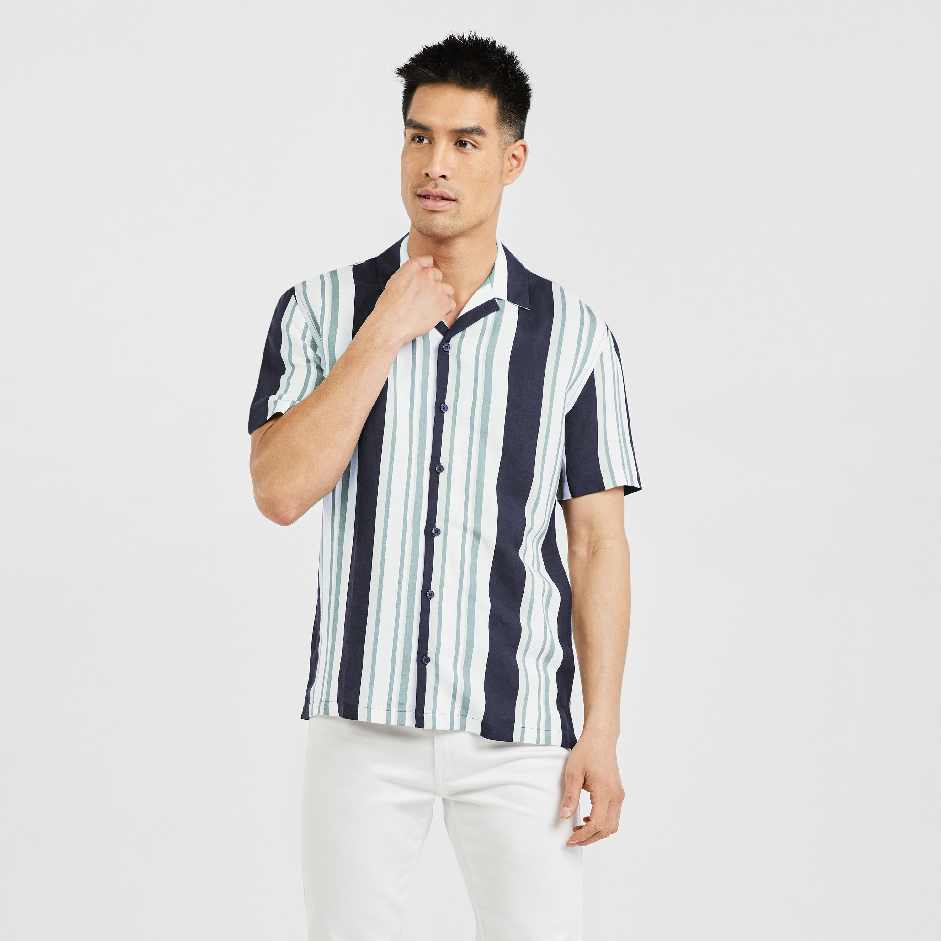 Navy Cuban Linen Stripe Shirt | Men's Tops | Tarocash AU