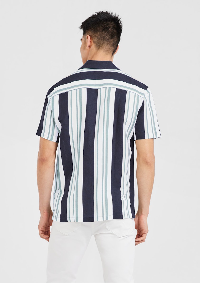 Navy Cuban Linen Stripe Shirt | Men's Tops | Tarocash AU