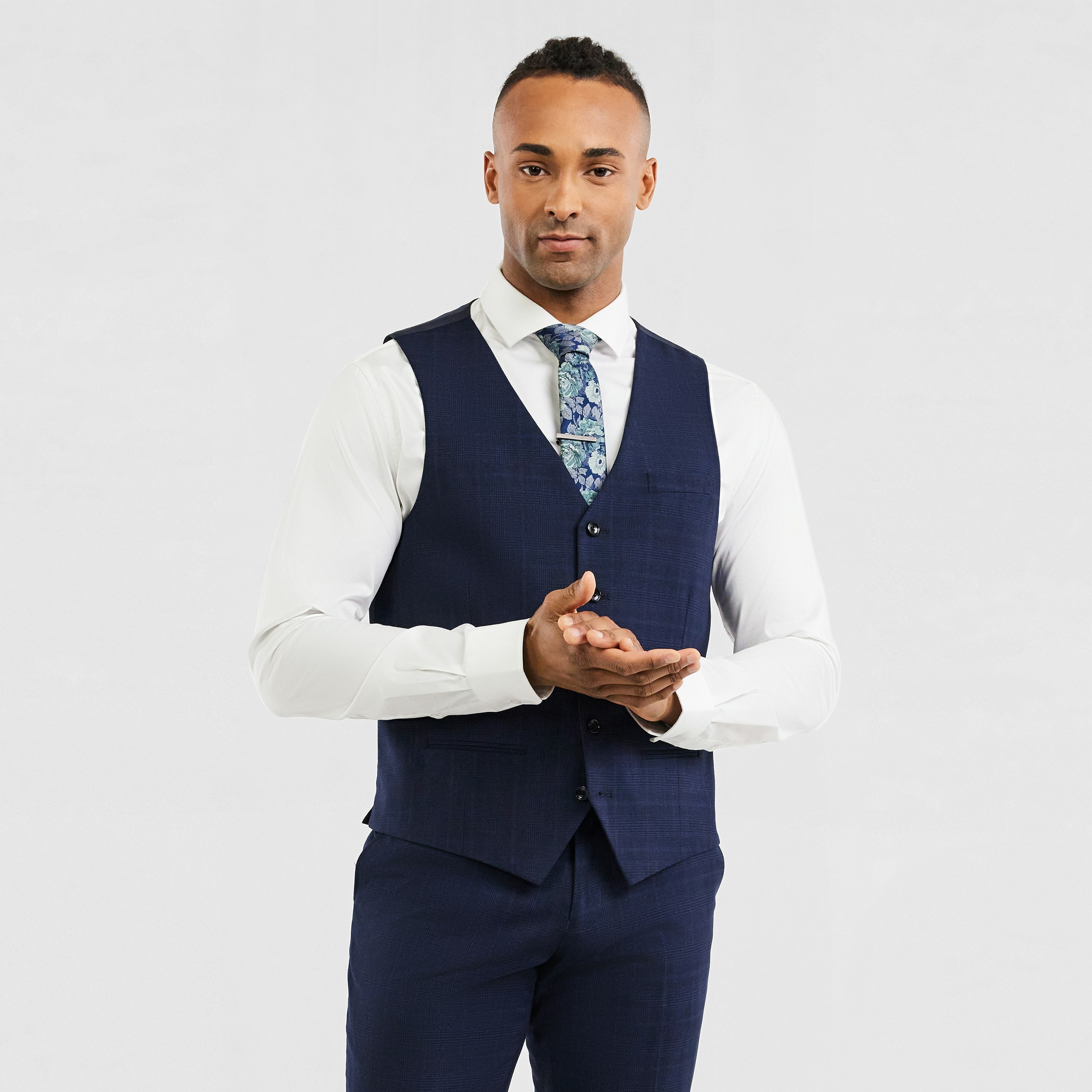 Navy Rhys Check Waistcoat | Men's Tops | Tarocash AU