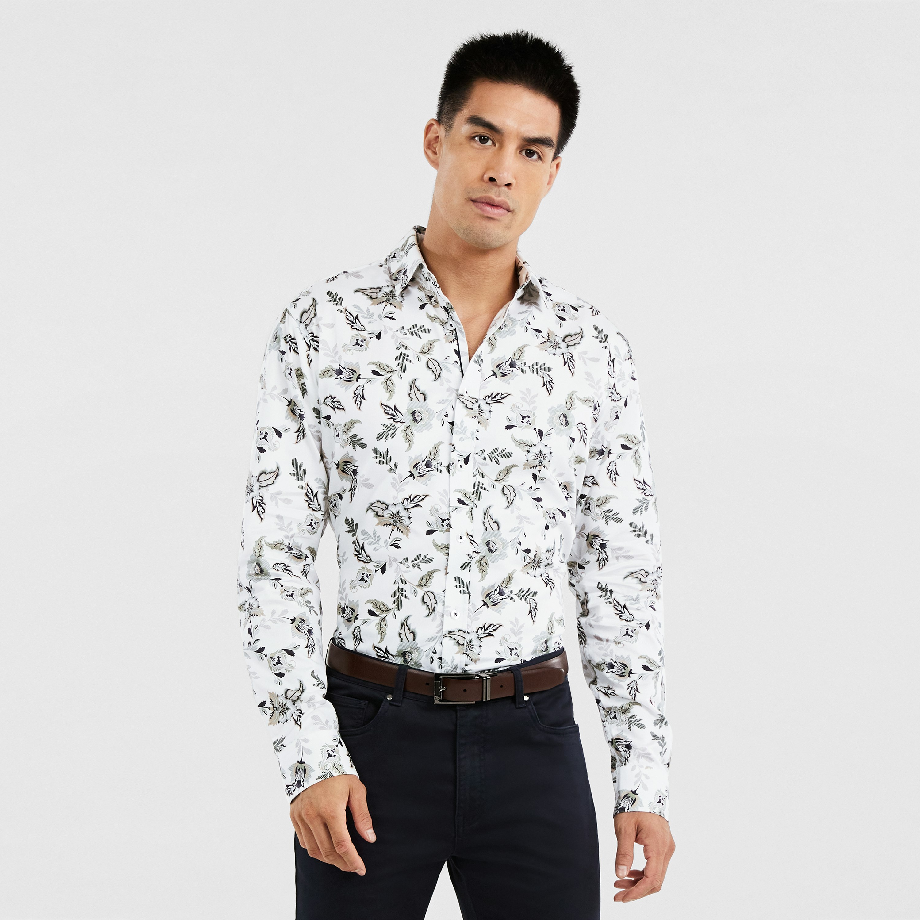 White Mikal Slim Floral Shirt | Men's Tops | Tarocash AU