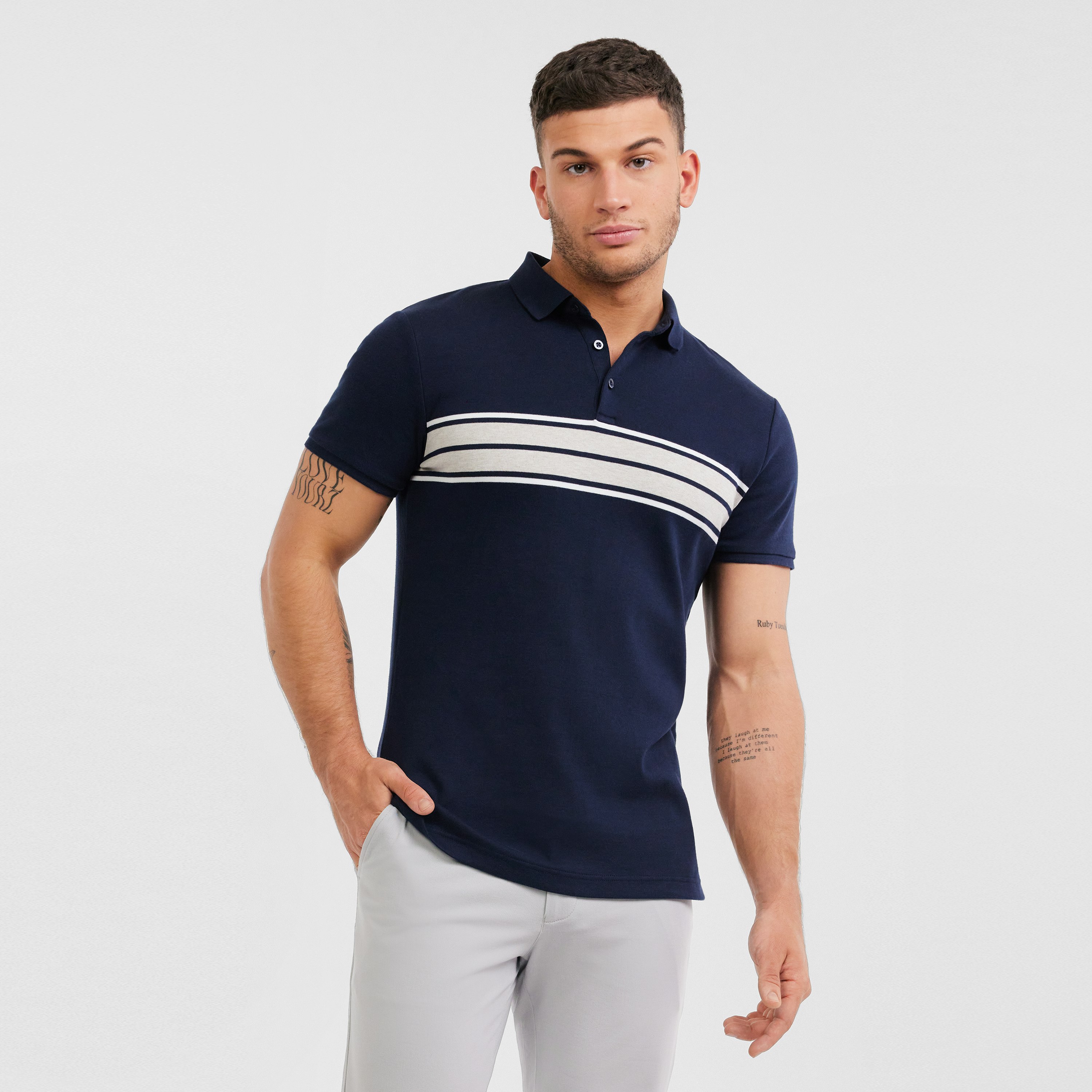 Navy Riley Block Stripe Polo | Men's Tops | Tarocash AU