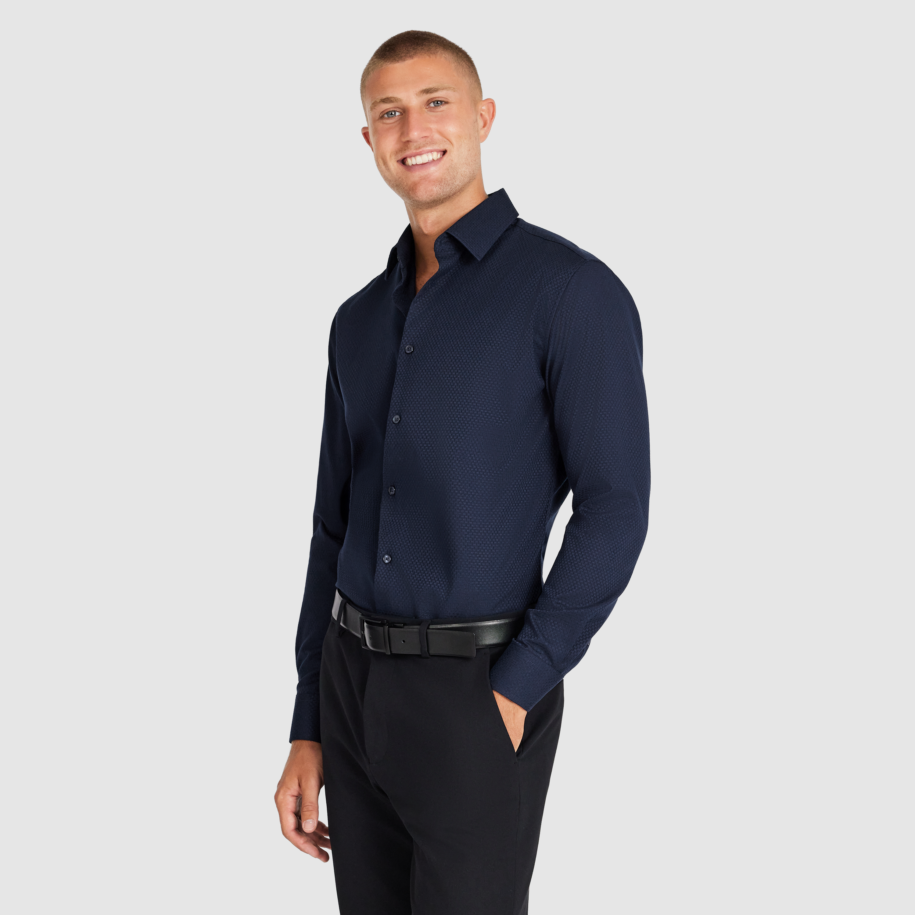 Navy Cy Slim Textured Bamboo Shirt