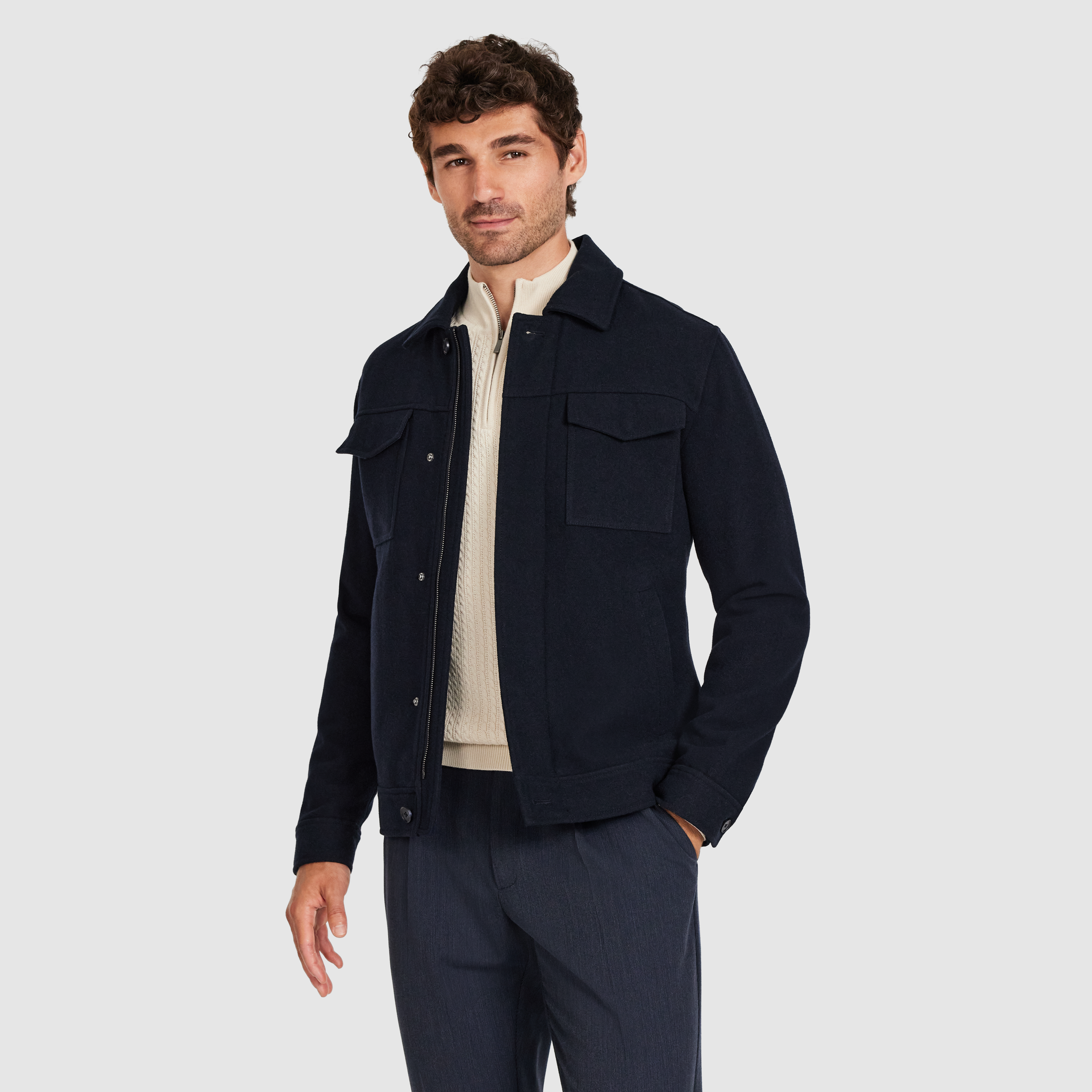Navy Lleyton Wool Zip Jacket
