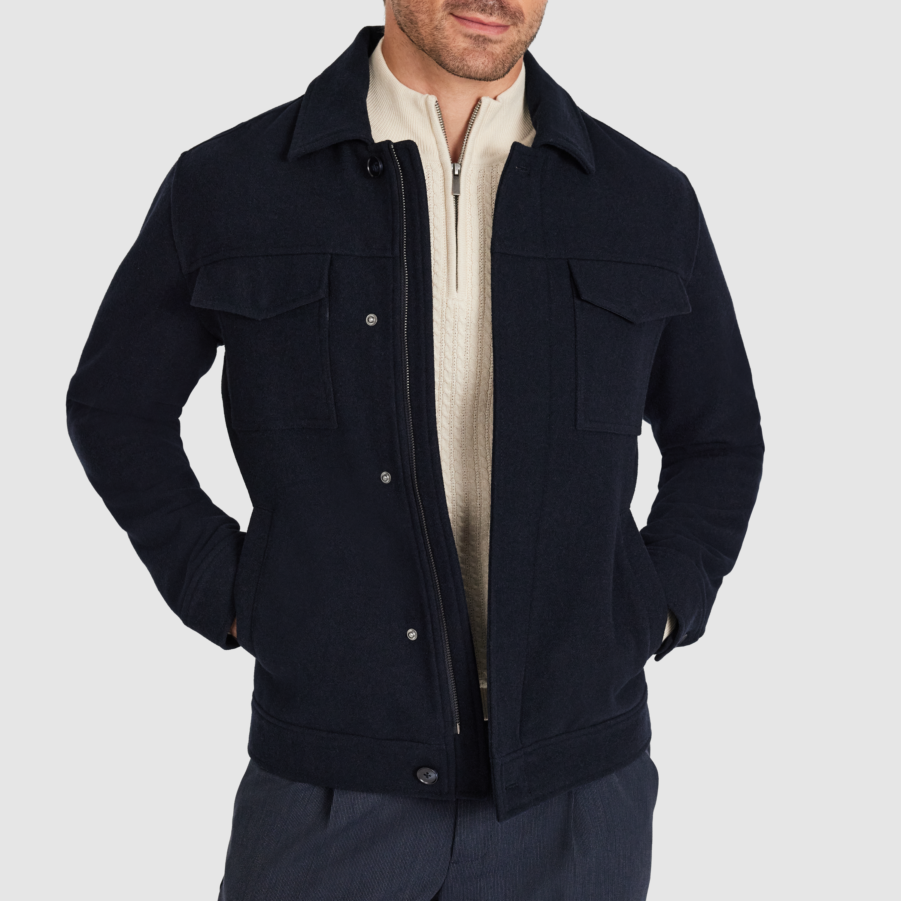 Navy Lleyton Wool Zip Jacket