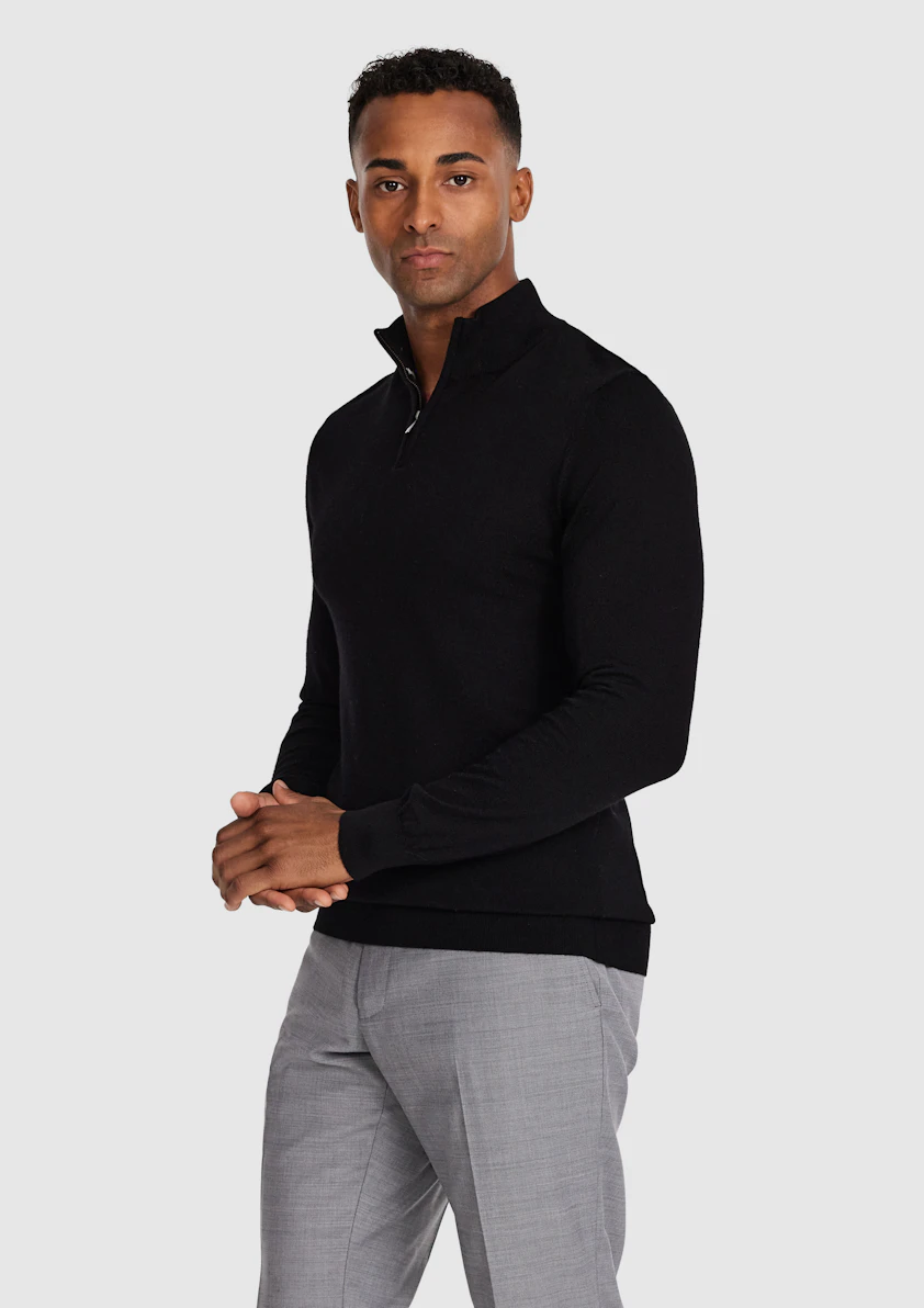 Black Asher Merino Wool Zip Knit
