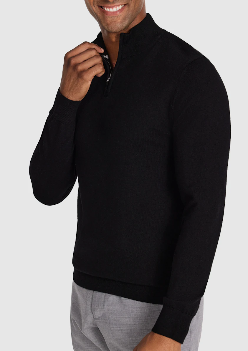Black Asher Merino Wool Zip Knit