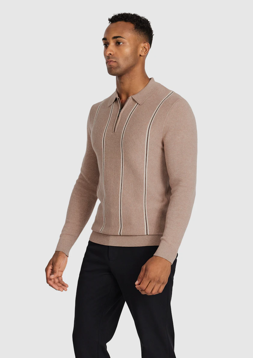 Sand Cedar Stripe Zip Knit