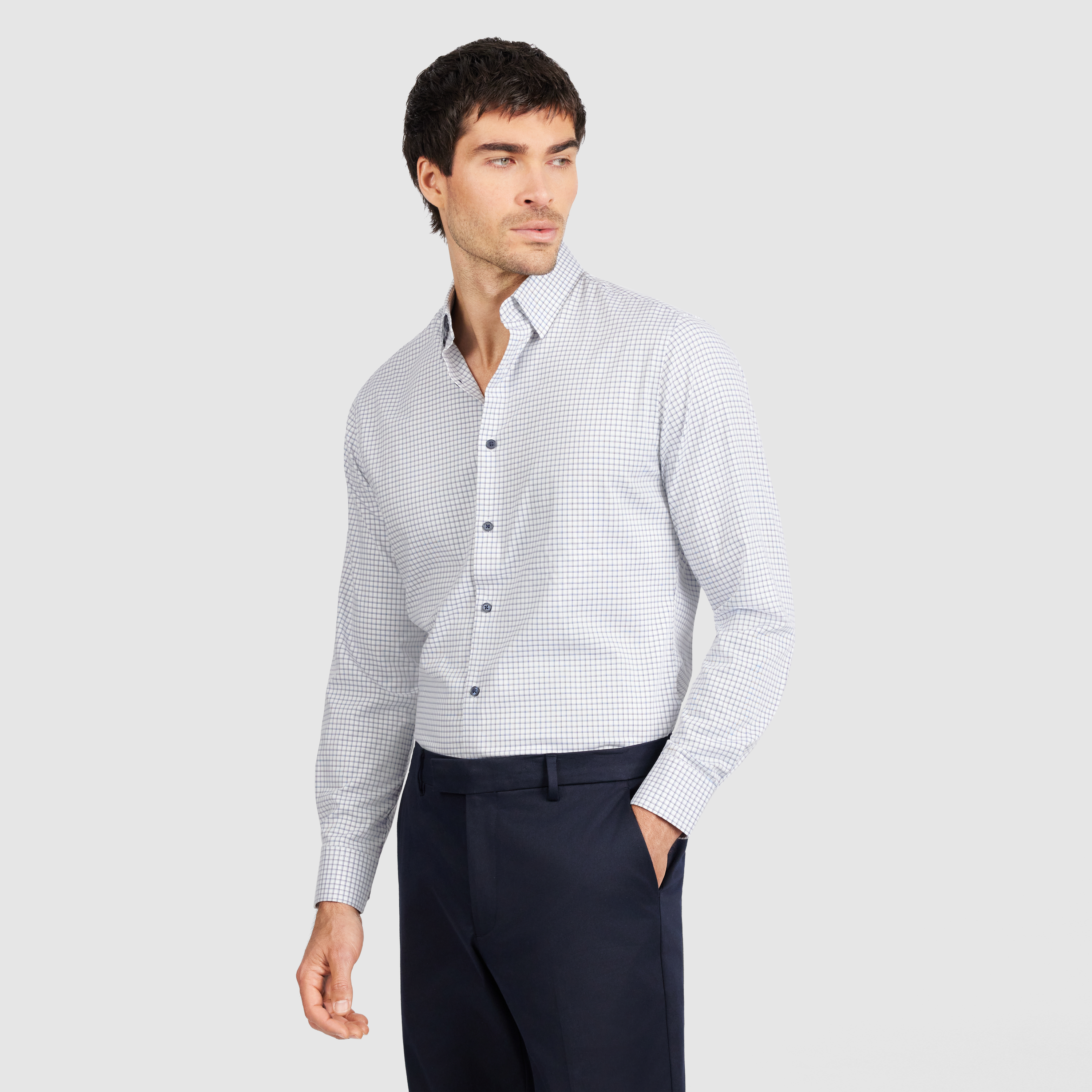 Navy Leeds Slim Bamboo Check Shirt