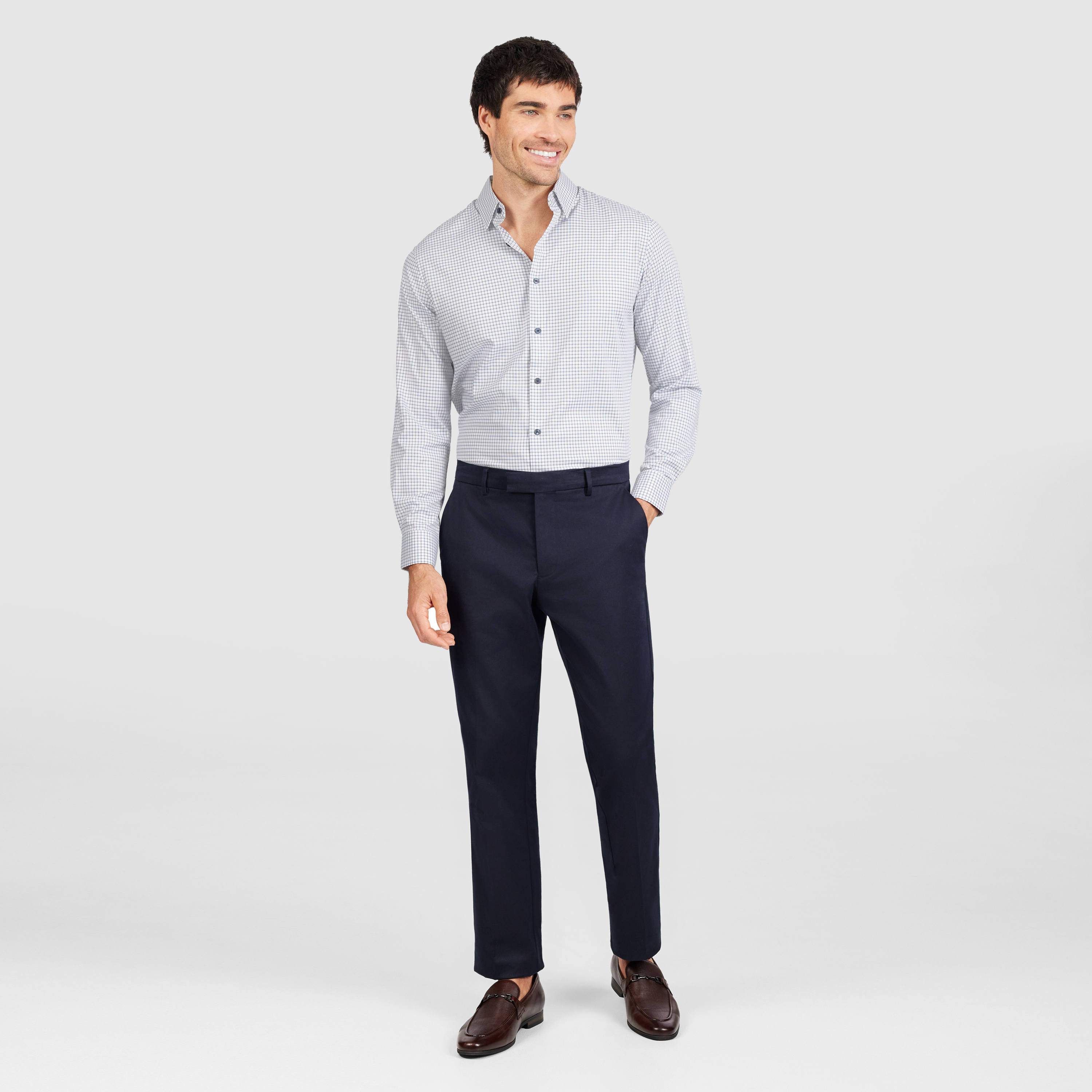 Navy Leeds Slim Bamboo Check Shirt