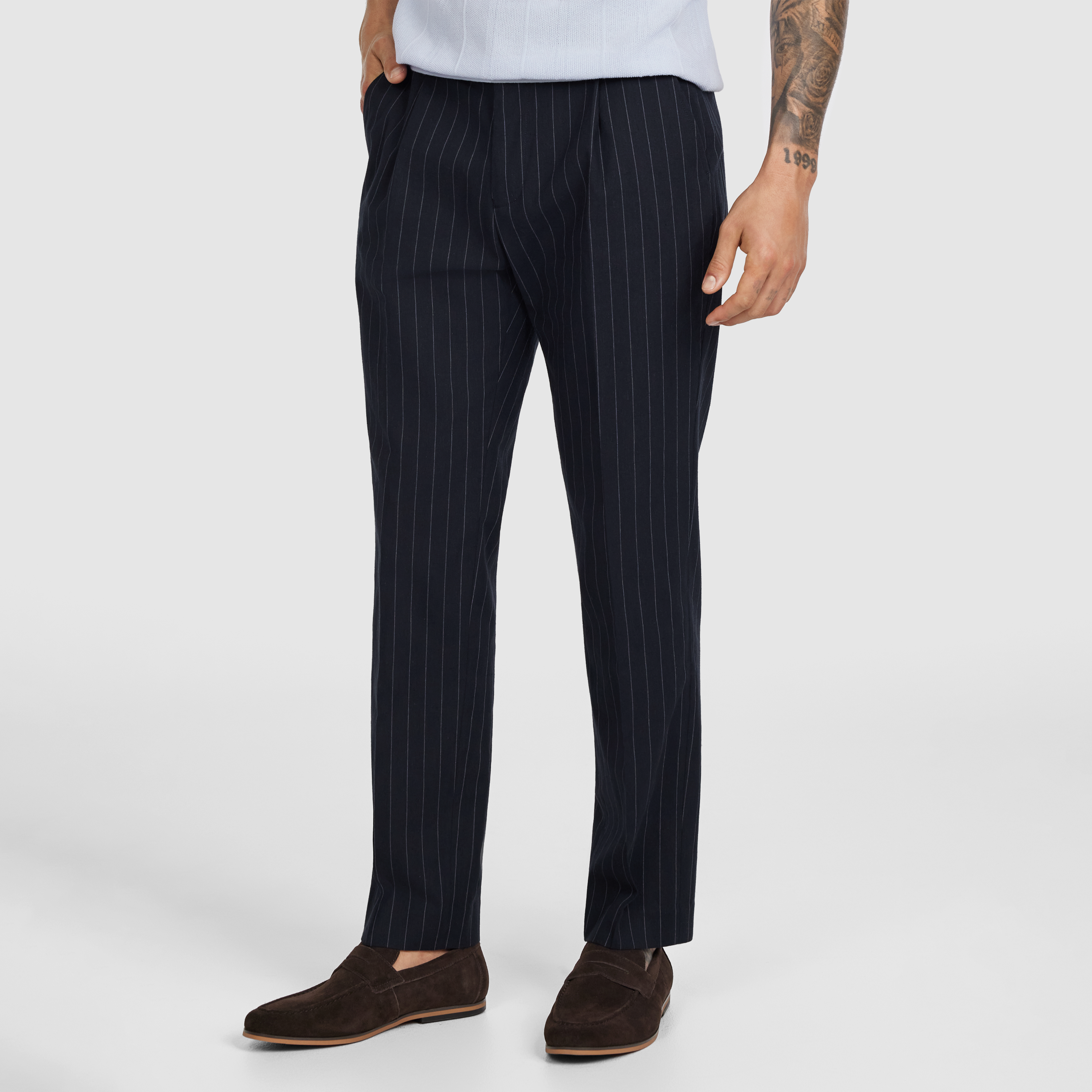 Navy Linea Pinstripe Pleat Pant