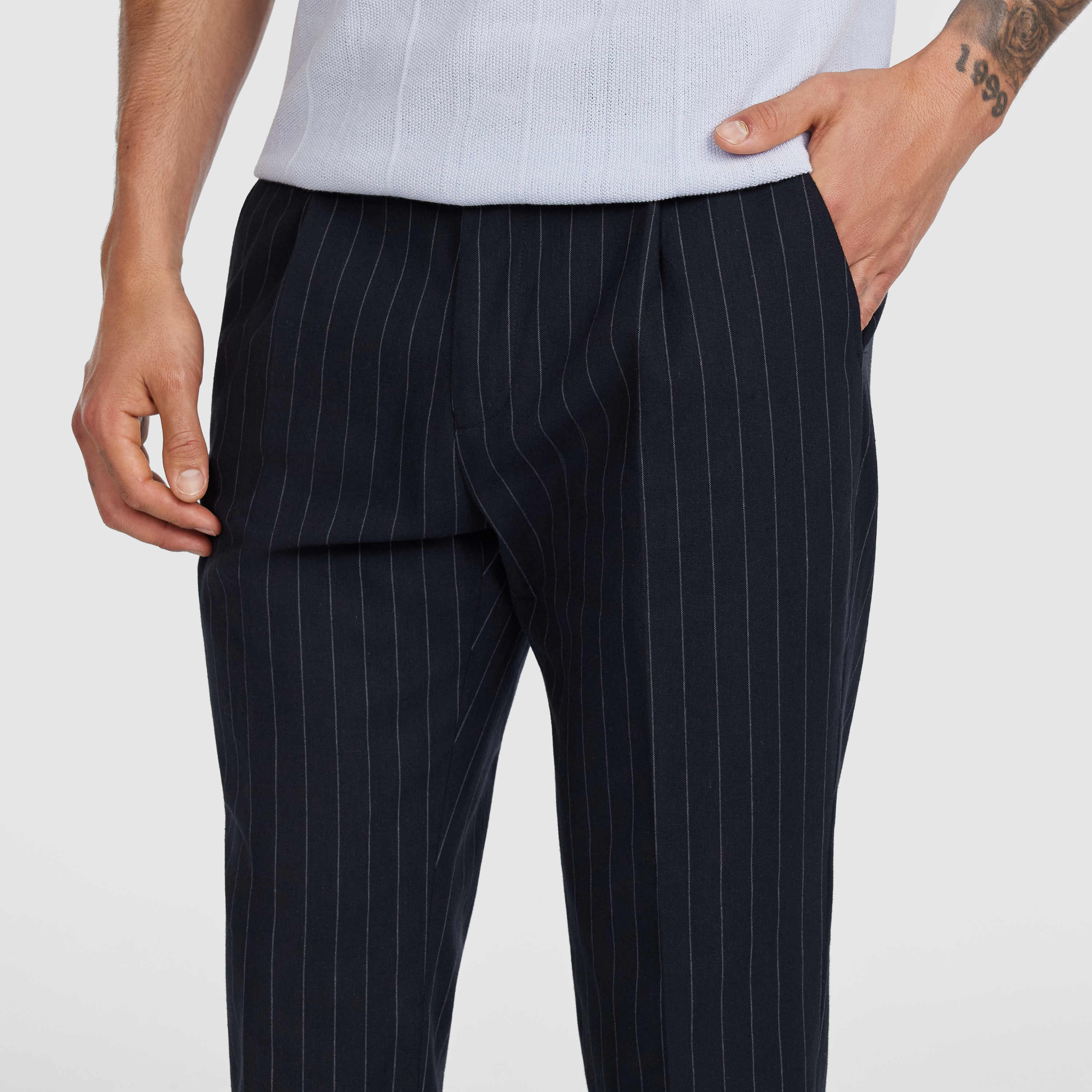 Navy Linea Pinstripe Pleat Pant
