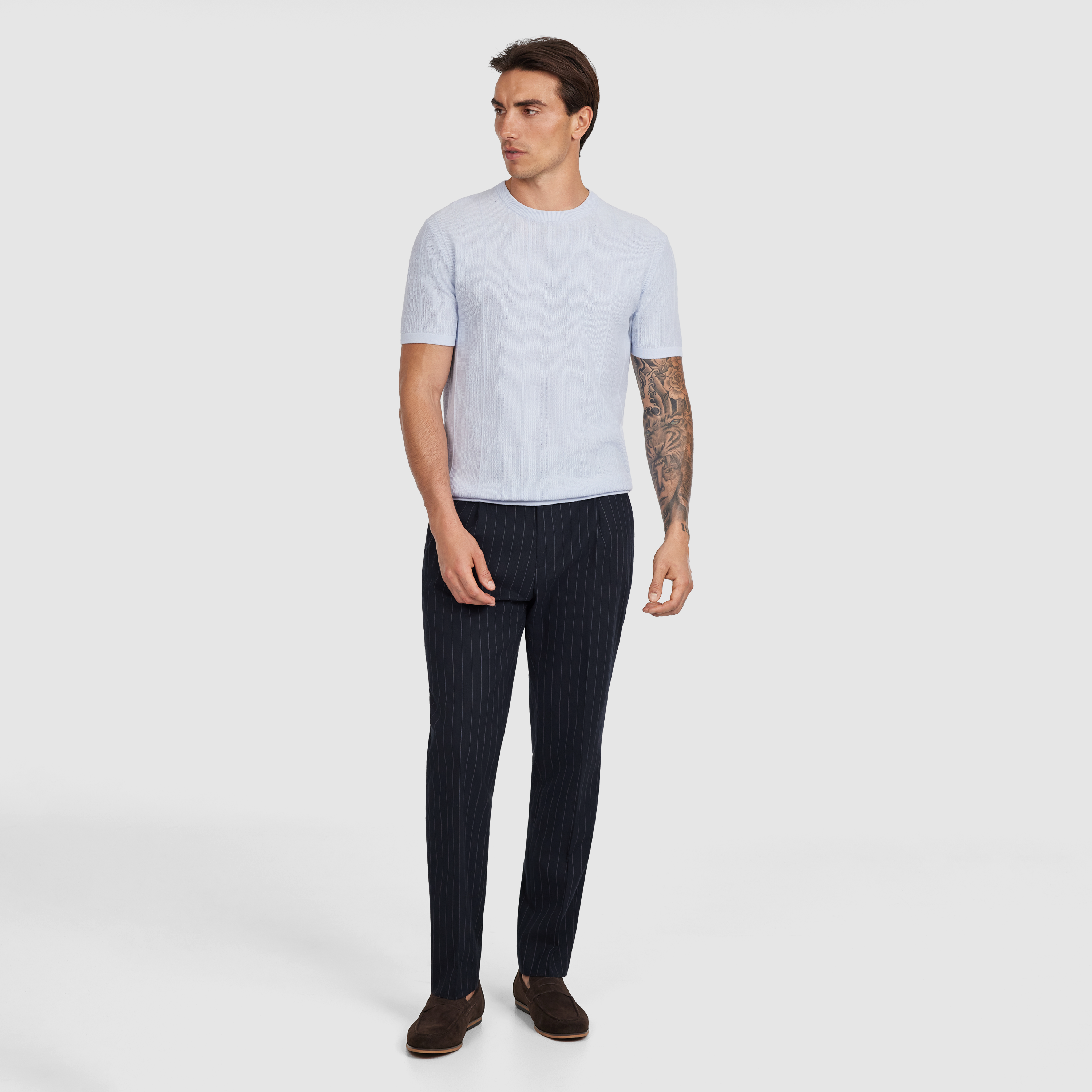 Navy Linea Pinstripe Pleat Pant
