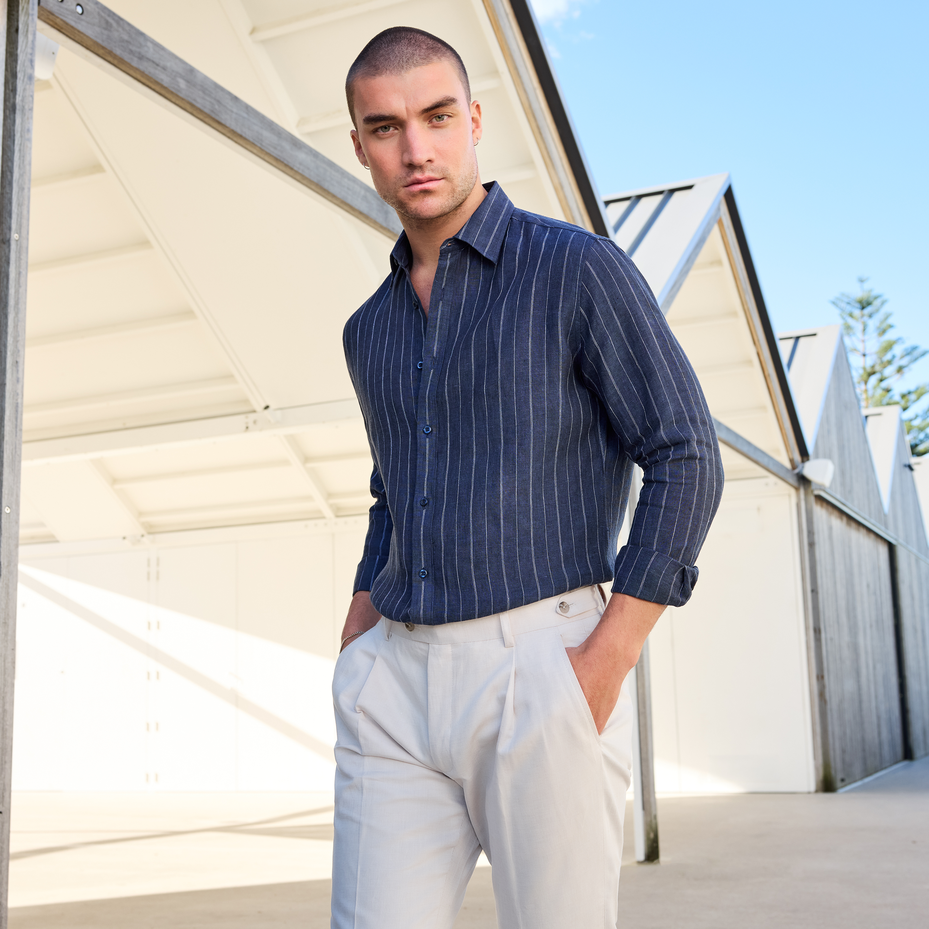 Navy Hamilton Linen Stripe Shirt