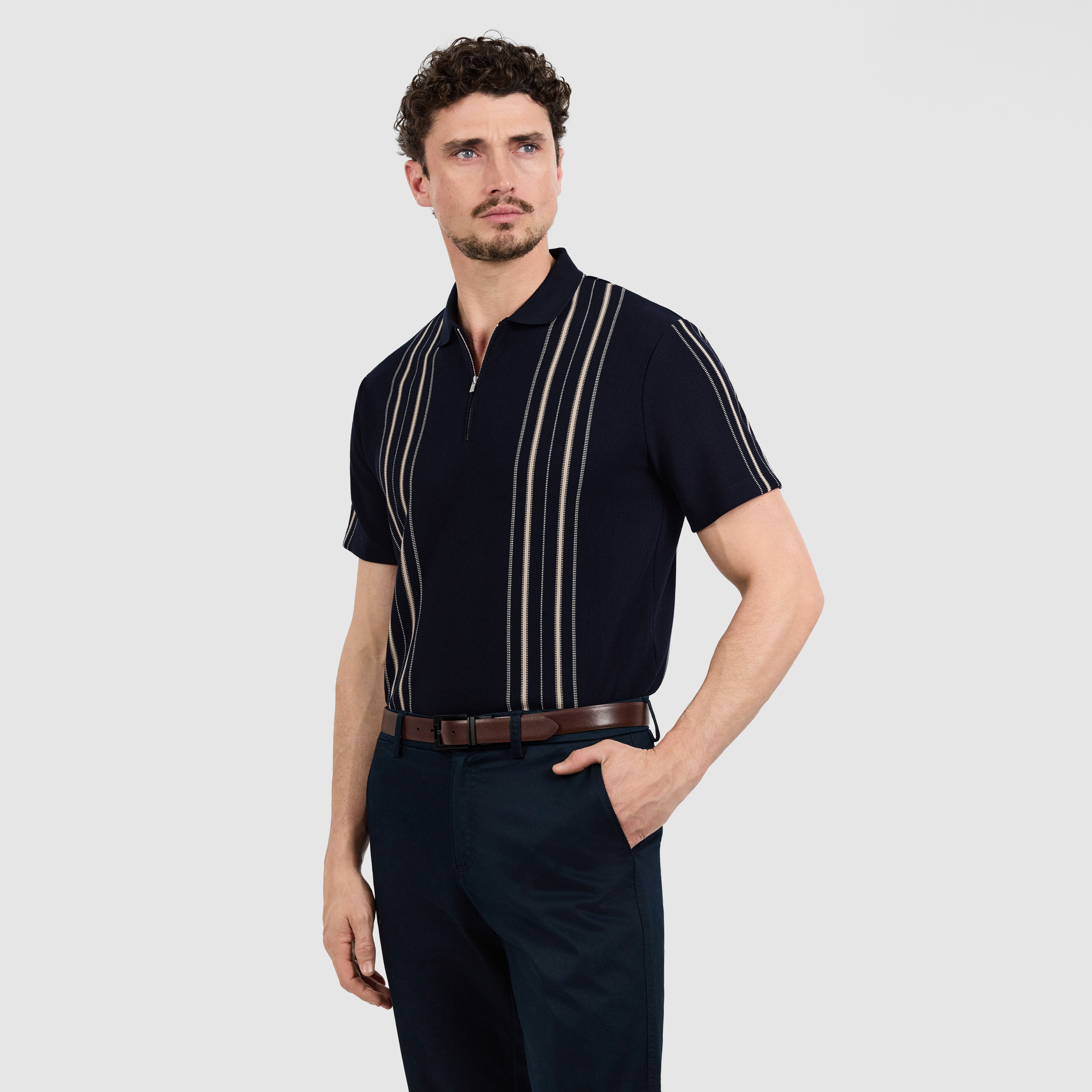 Navy Javier Stripe Zip Polo
