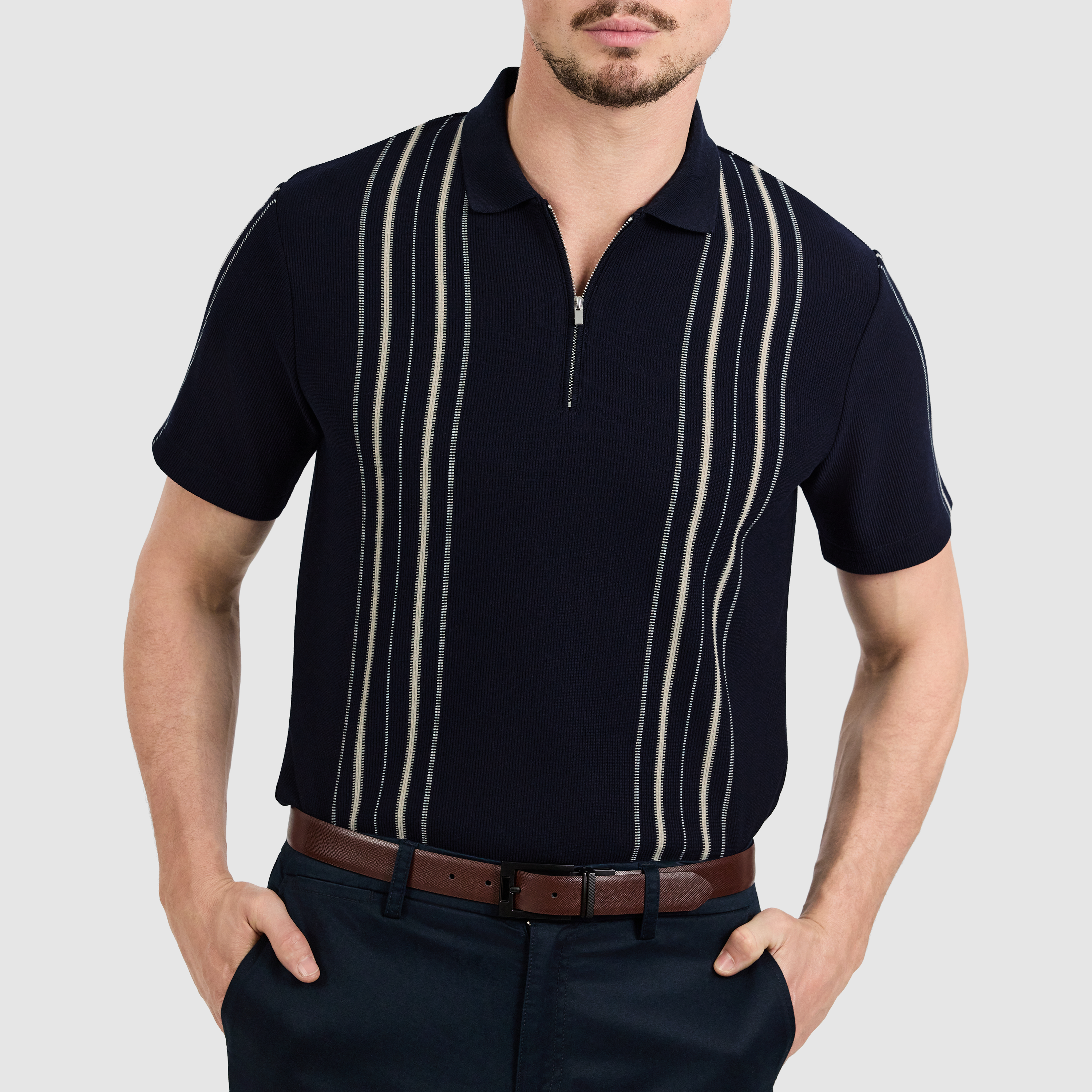Navy Javier Stripe Zip Polo