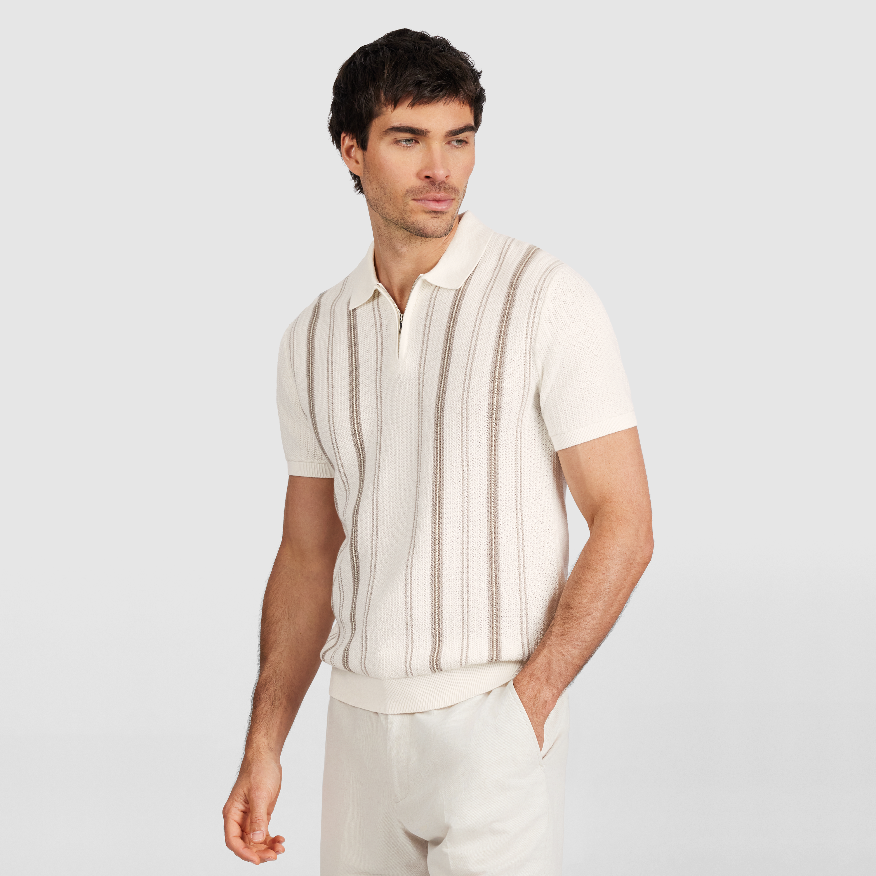Ivory Rune Stripe Zip Knit Polo