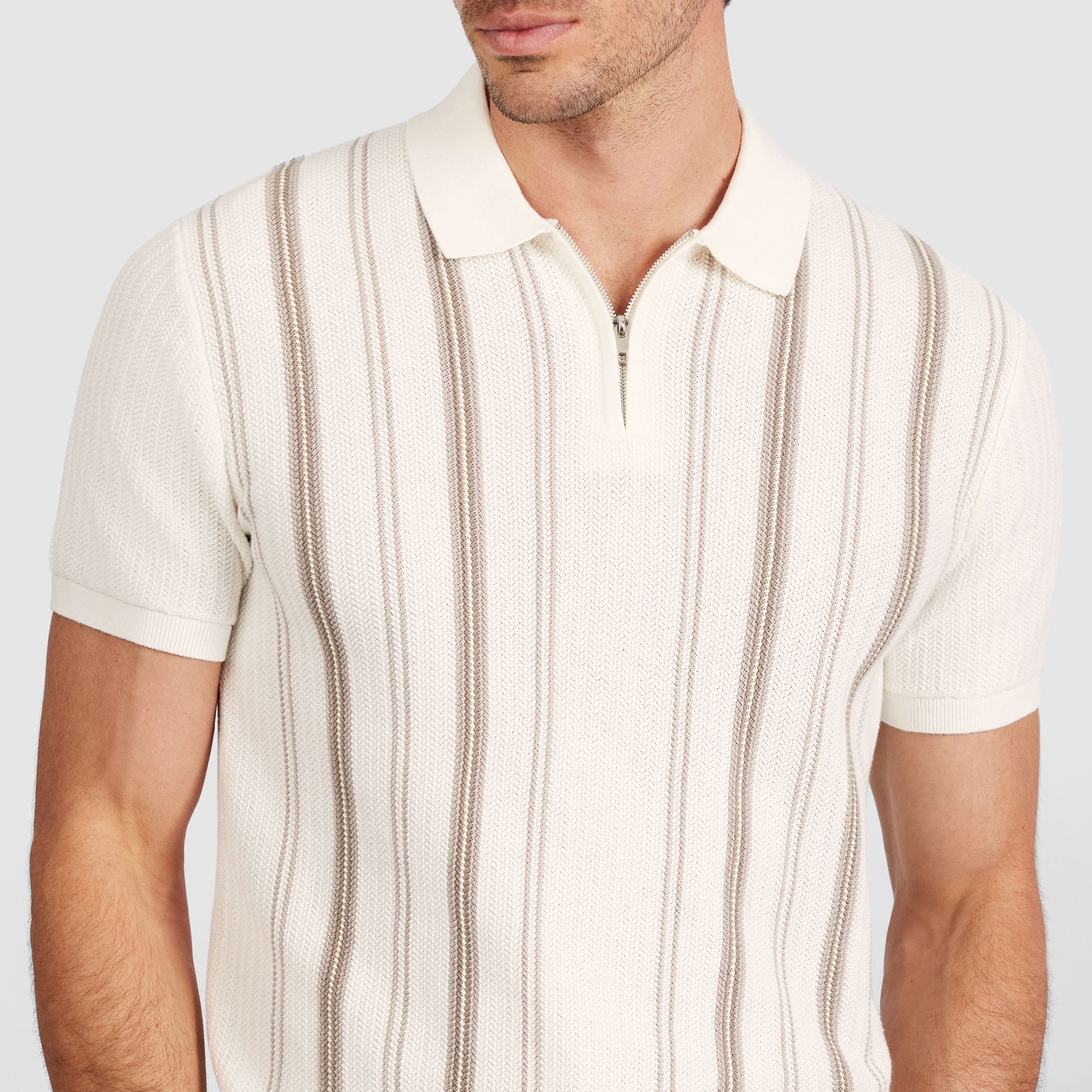 Ivory Rune Stripe Zip Knit Polo