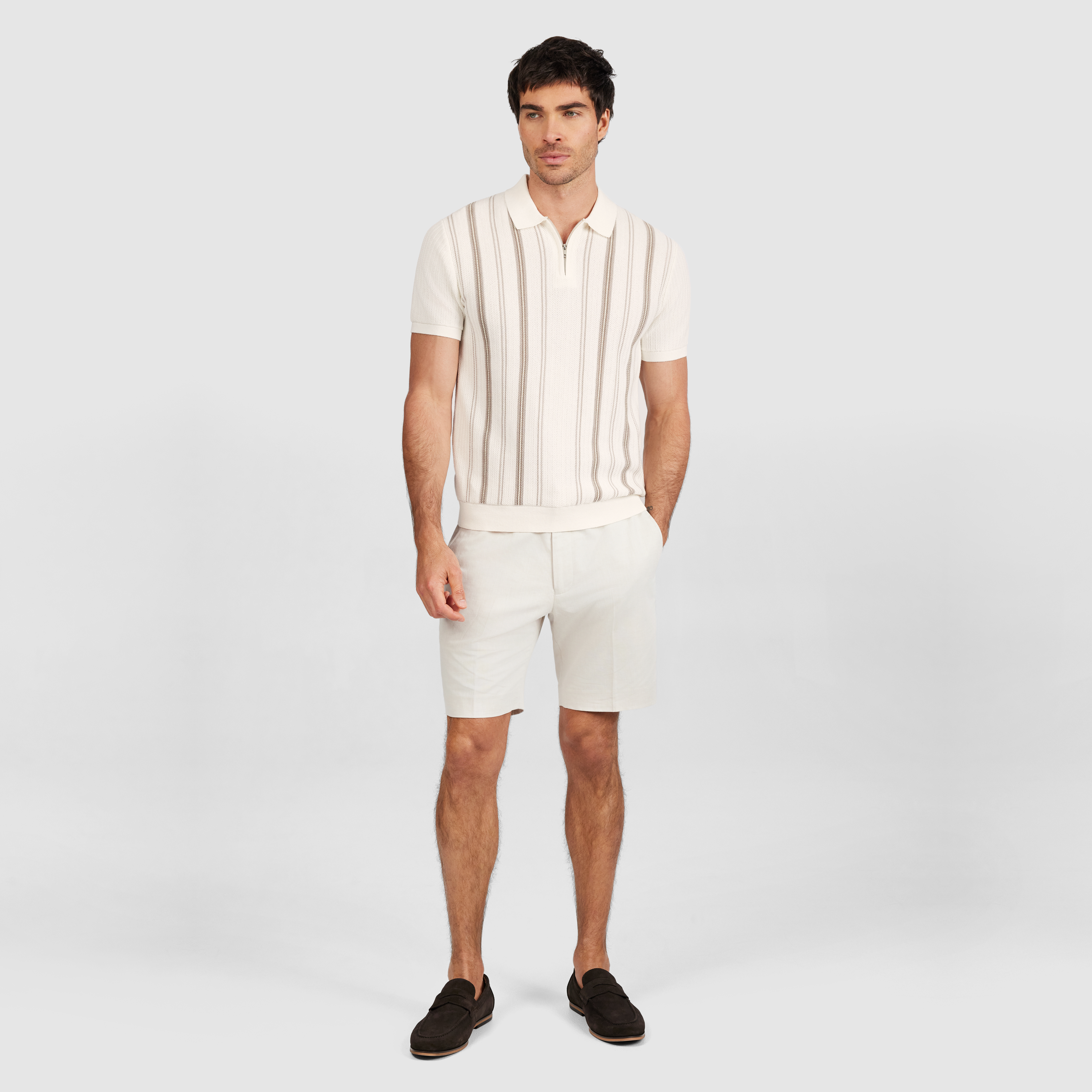 Ivory Rune Stripe Zip Knit Polo